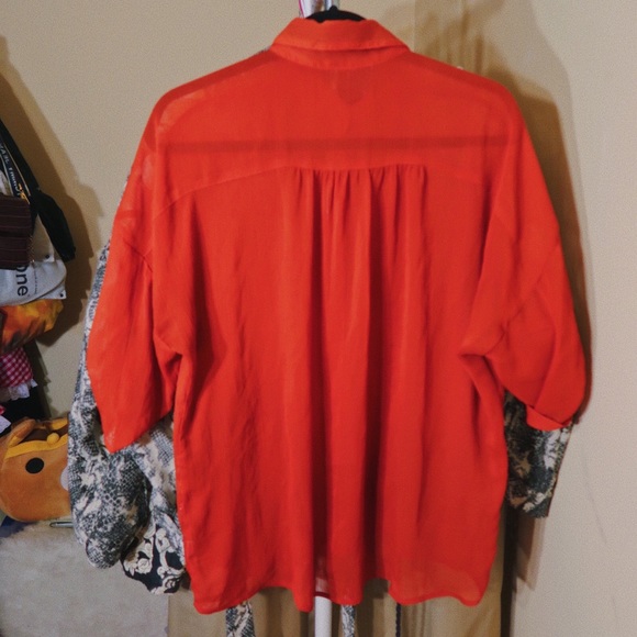 Oversized Orange Sheer Button Up Shirt - Picture 2 of 4
